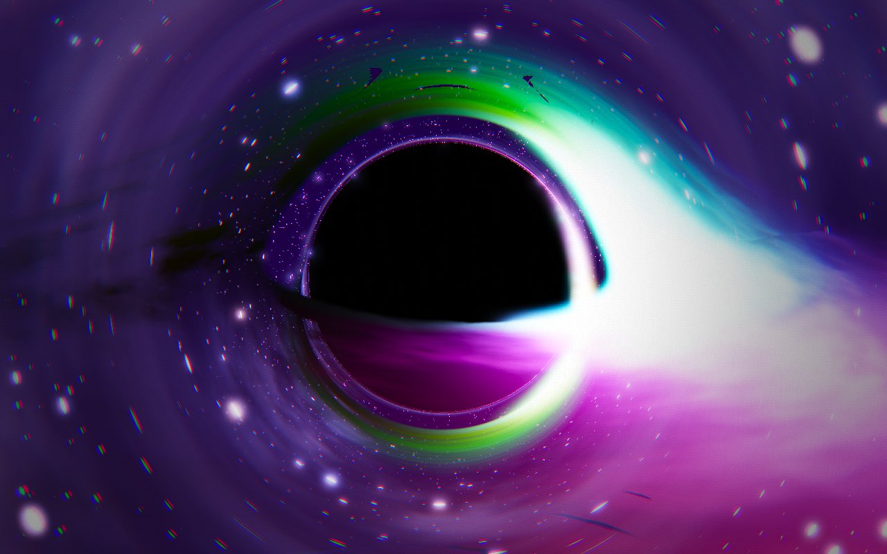 A neon rainbow black hole — candy-colored accretion disk bending starlight in the DJ UNIVERSE engine